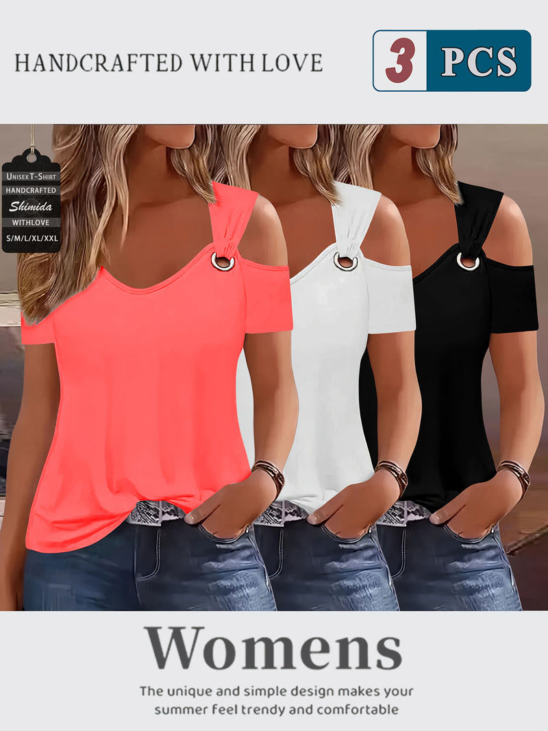 Three-Piece Summer Off-Shoulder Short-Sleeve T-Shirt for Women.
