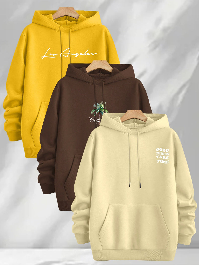 3pcs Trendy Print Sweatshirt, Men's Casual Hooded Sweatshirt.