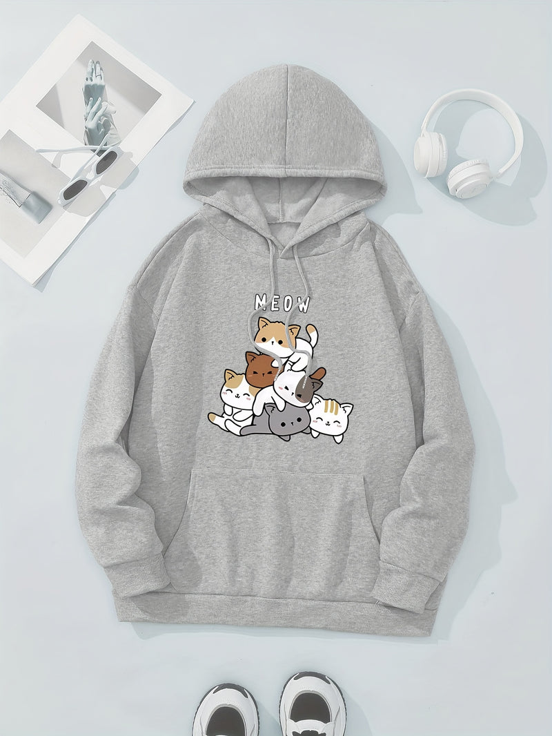 Women’s Fashion Hoodie Featuring a Cartoon Cat Letter Print Design.