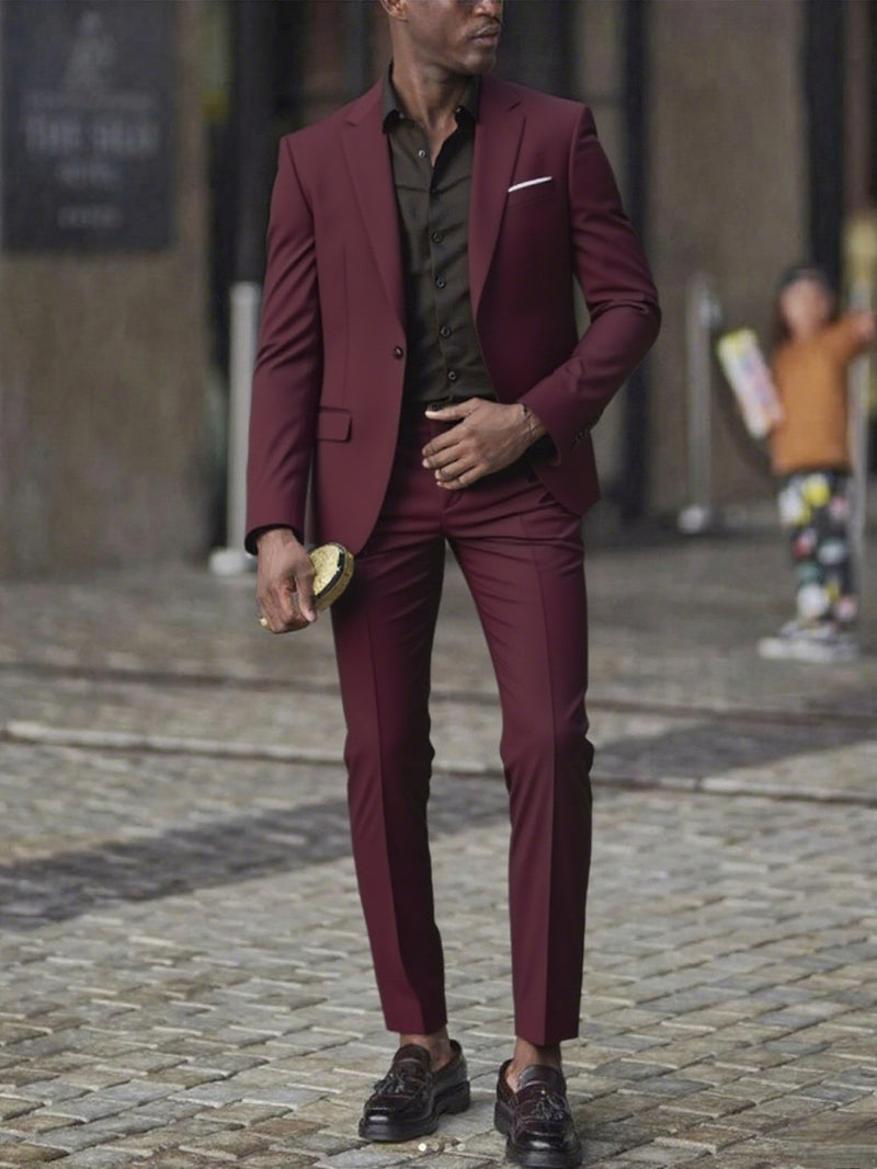 2pcs Men's Slim-Fit Burgundy Wedding & Business Suit Set.