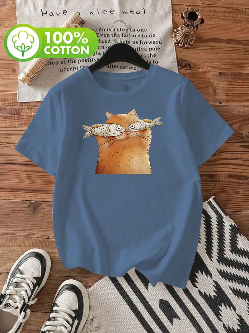 Women's Short-Sleeve T-Shirt with Cute Kitten & Cat Paw Print.