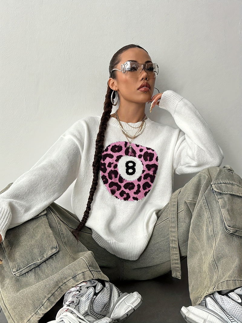 Women’s Fashion Casual Style Leopard Print Ball Design Billiard 8pcs Sweater.