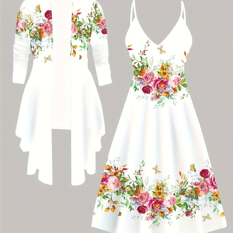 Women’s Beautiful Floral Print Casual and Elegant Jacket and Dress Set.