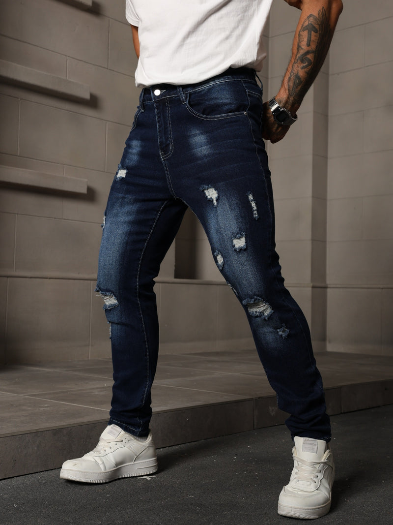 Men's Skinny Ripped Jeans Medium Stretch, Solid Color, All-Season Fit.