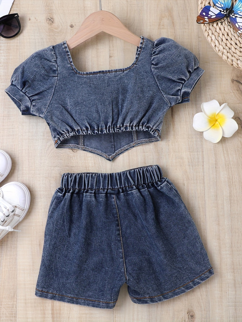 Girls Casual Trendy Stylish Y2K Denim Cropped Top & Shorts Set For Summer Holiday.