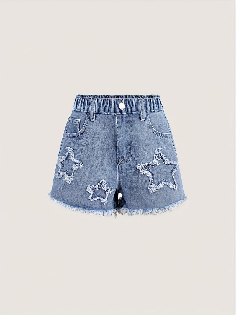 Girls' Faux Denim Shorts - Stylish Deep Blue Faux Denim with Star Patch Design.