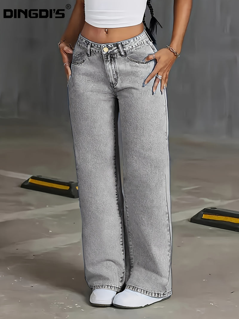Women's New Stretch Straight Jeans, Wide-leg Jeans with Pockets.