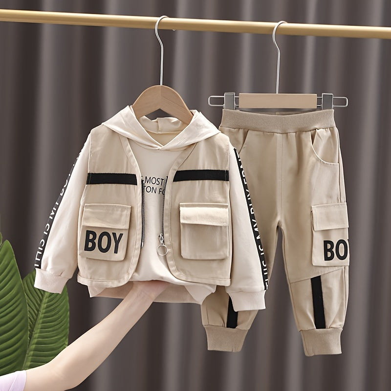 Boys Autumn Clothing Set, New Autumn Fashionable Vest Sweatshirt Three-Piece.