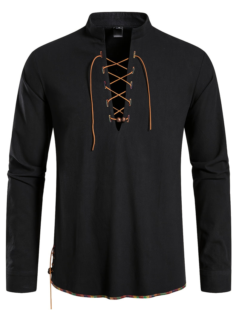 Men's Henley Shirt Long Sleeve Casual Beach Stand Collar Shirt.