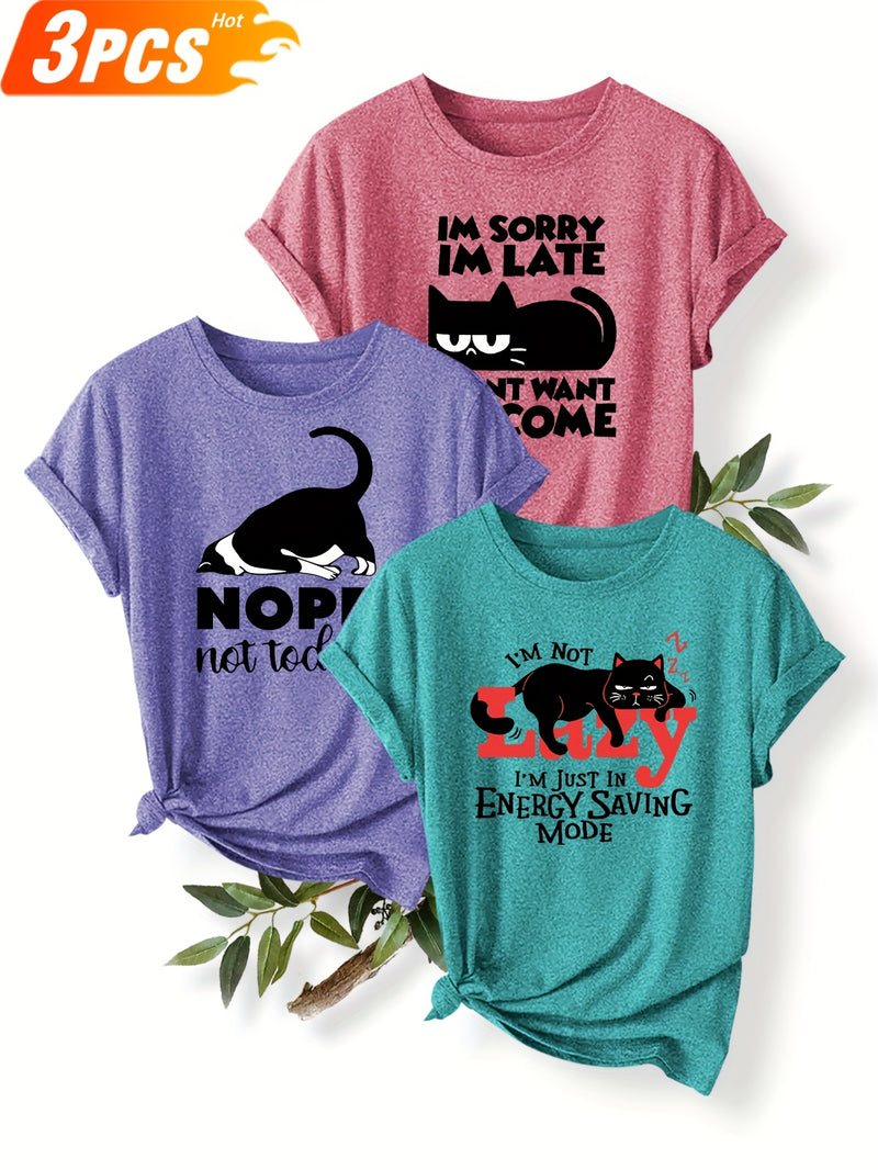 3pcs Women’s Featuring a Round-Neck Short-Sleeve T-Shirt.