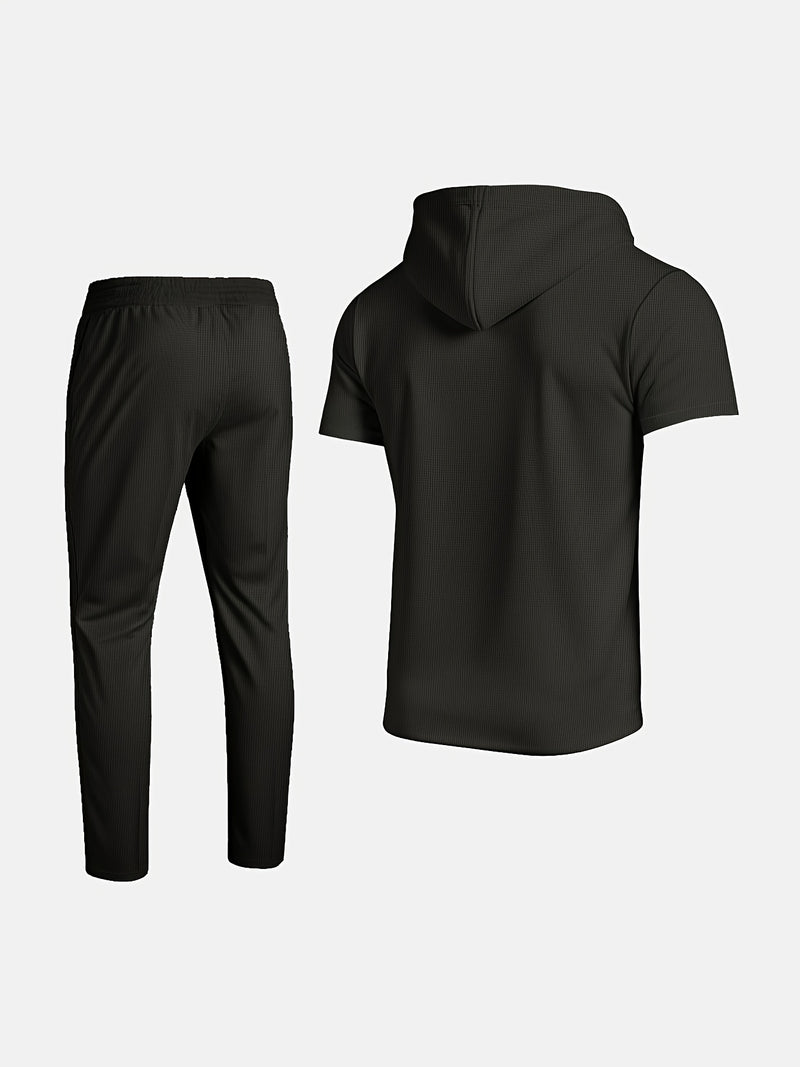 Men's set short sleeved hooded top with drawstring elastic waistband.