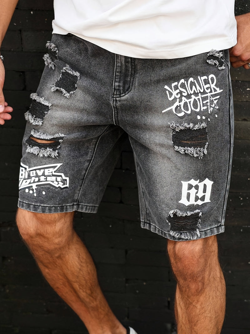 Men'S Casual Distressed Denim Shorts with "DESIGNER COOL" Print - Black & Gray.