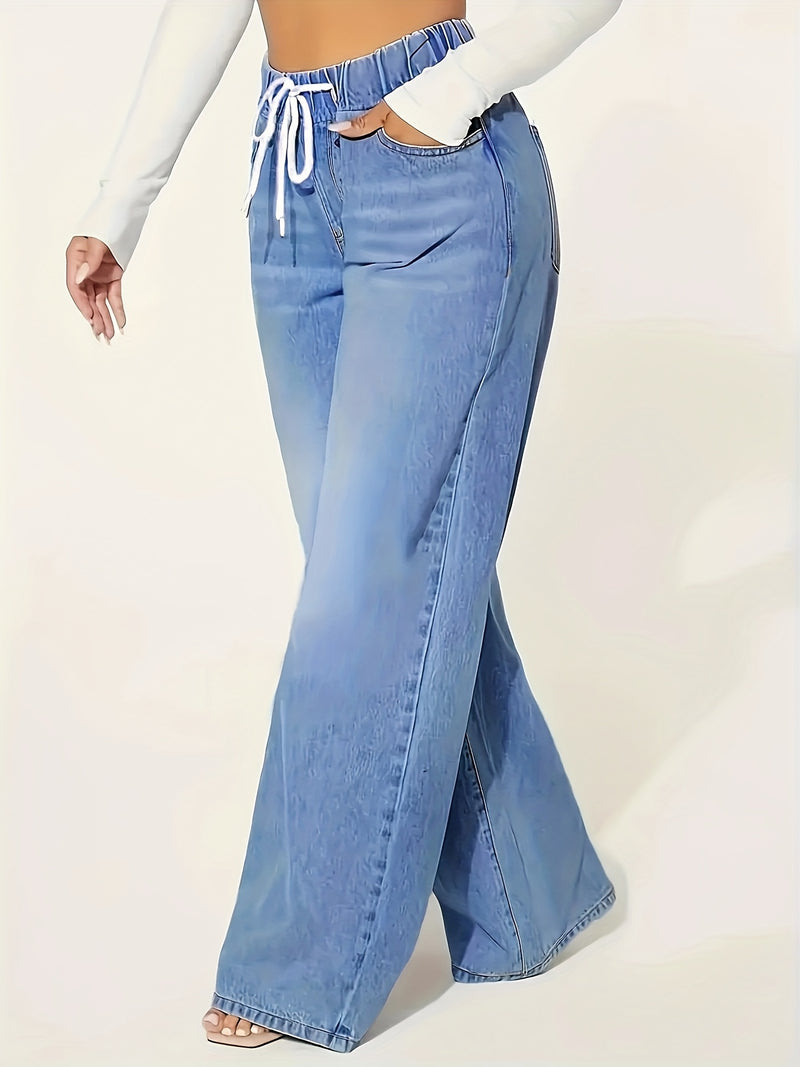 Women’s Drawstring Waist 25AW Elastic Waist Wide-Leg Jeans.