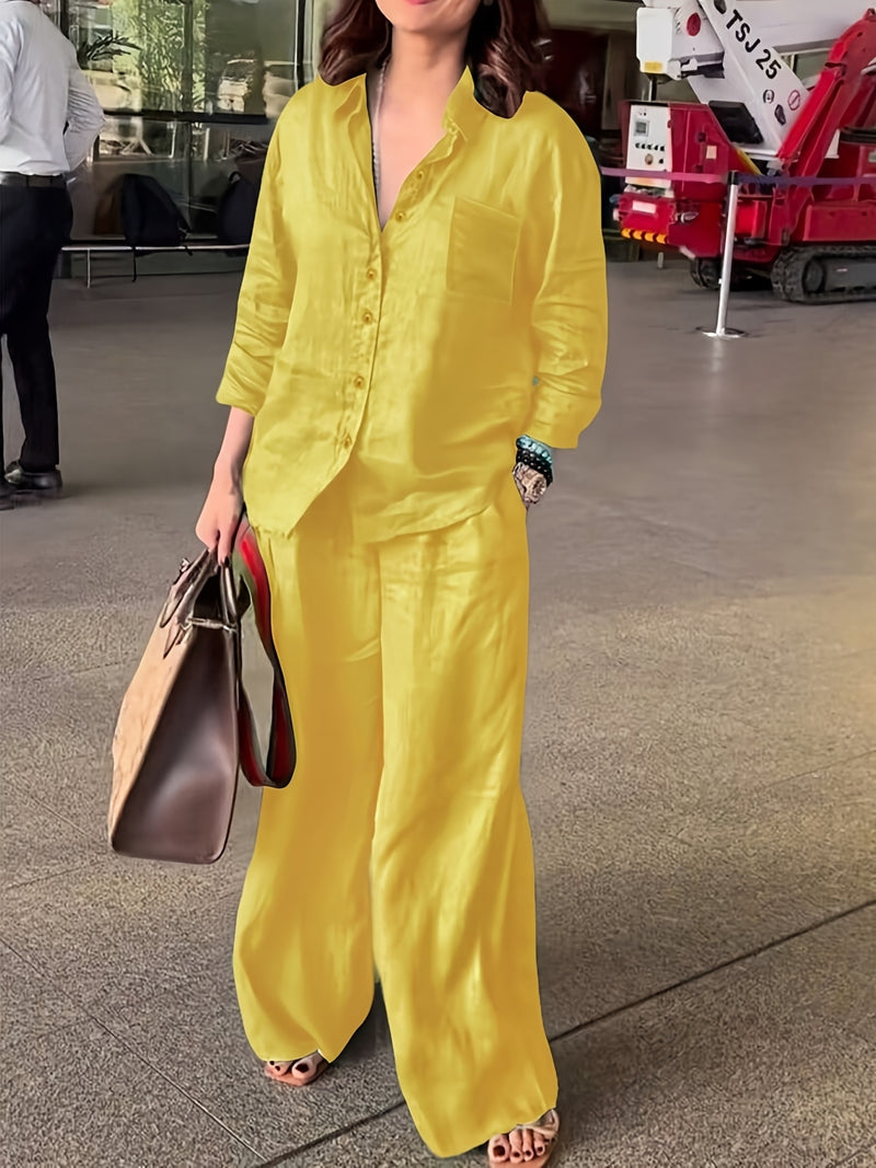 Women’s Casual Collar Cardigan and Wide-Leg Pants Set.