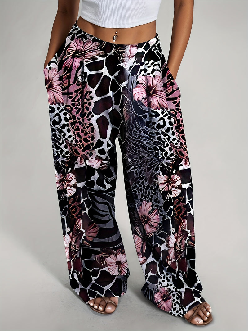 Women's Bohemian Floral & Animal Print High-Waisted Wide-Leg Pants.