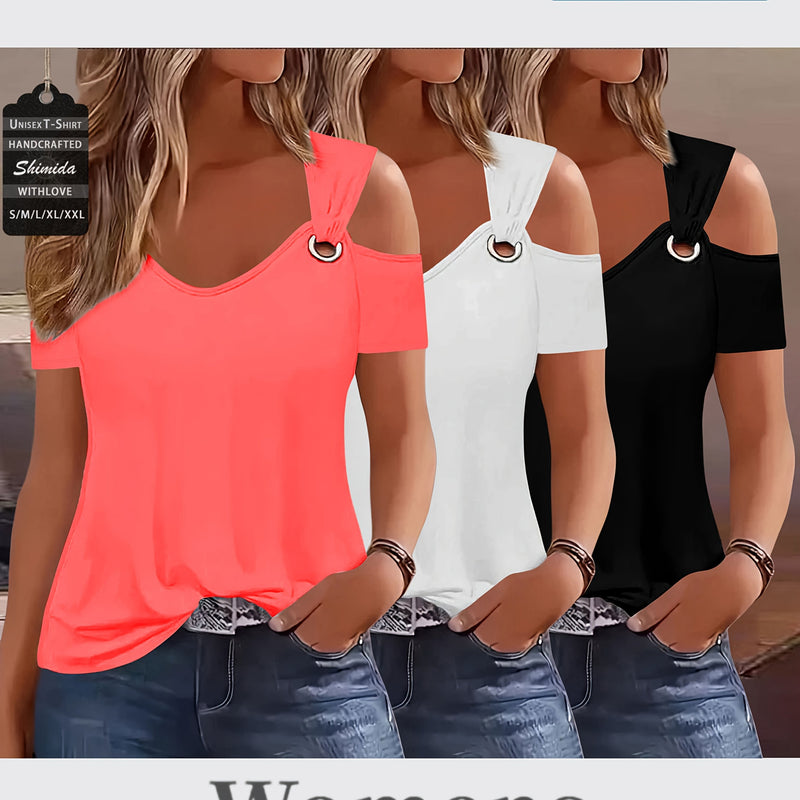 Three-Piece Summer Off-Shoulder Short-Sleeve T-Shirt for Women.