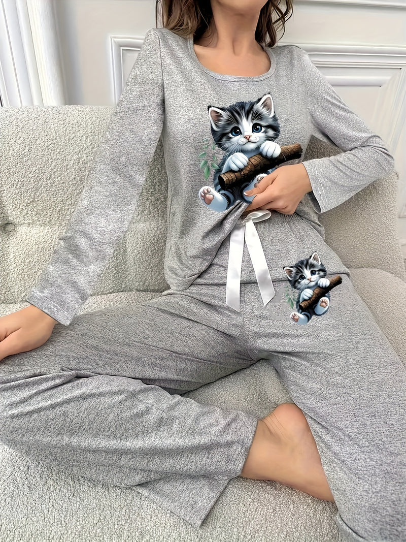 Women's Home Clothing Two-Piece Set with White Bow, Autumn And Winter.