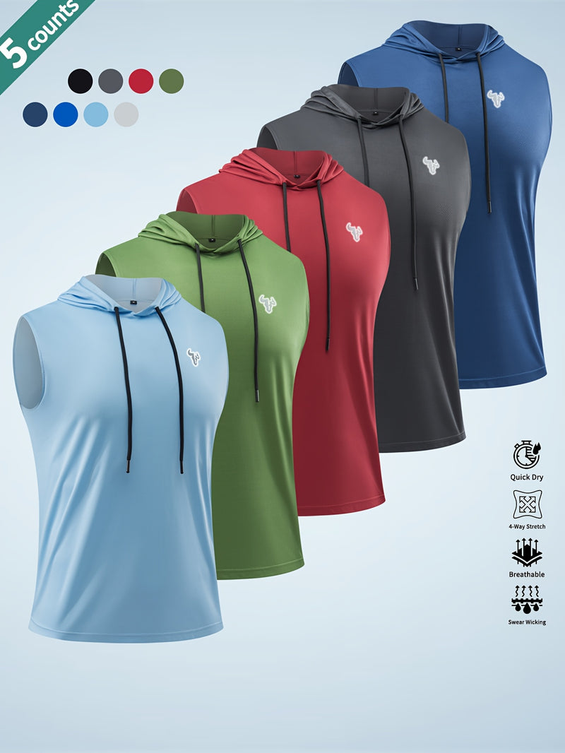 5pcs Solid Color Breathable Men's Sleeveless Hooded Tank Tops.