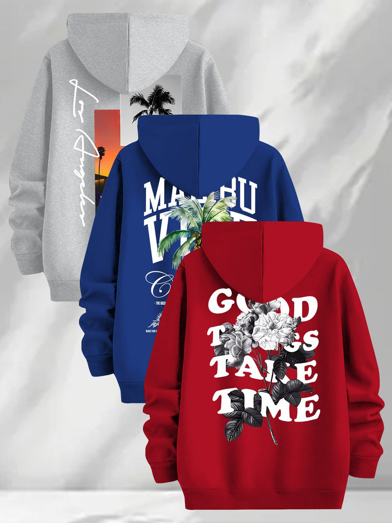 3pcs Trendy Print Sweatshirt, Men's Casual Hooded Sweatshirt.