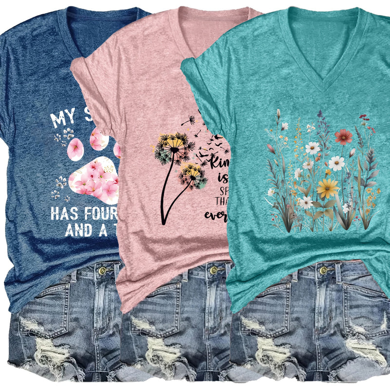 3pcs Women's V-Neck T-Shirts - Casual Short Sleeve.
