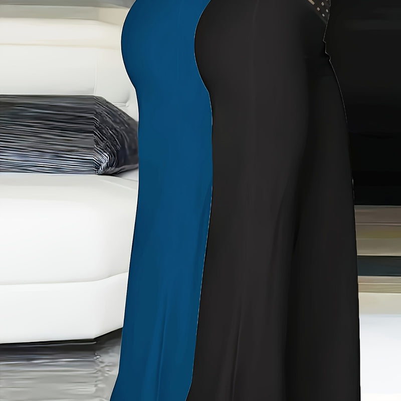2pcs Women’s Fashion Solid Color Cross Transparent Mesh Patch High-Waisted Pants.