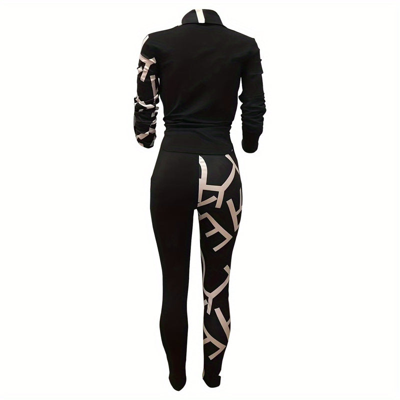 Women's Casual Color-Block Printed Long-Sleeve Lapel Shirt and Trousers 2pcs.