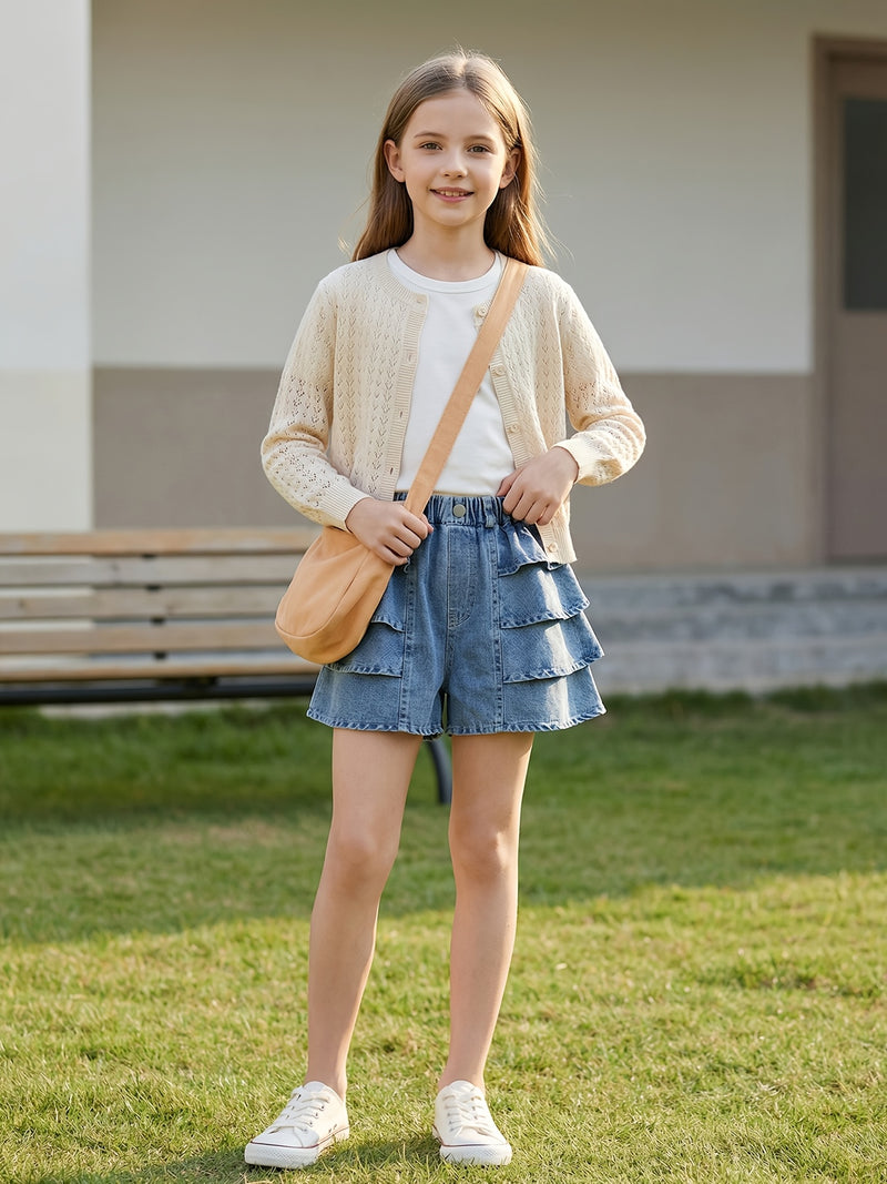 Girls' Summer Fashion Versatile Ruffle-trim Denim Shorts, Comfortable Lightweight.