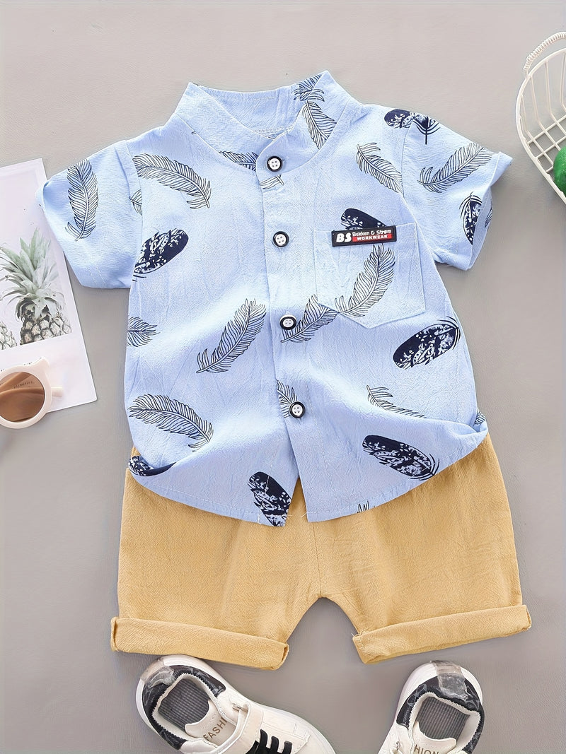 2pcs Boys' Casual Feather Shirt and Shorts Set Vibrant Yellow with Blue Accents.