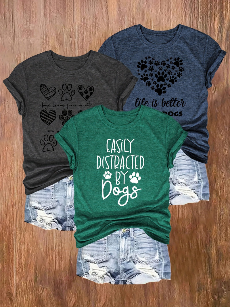 3pcs Women's Casual Dog Lover Graphic T-Shirts.