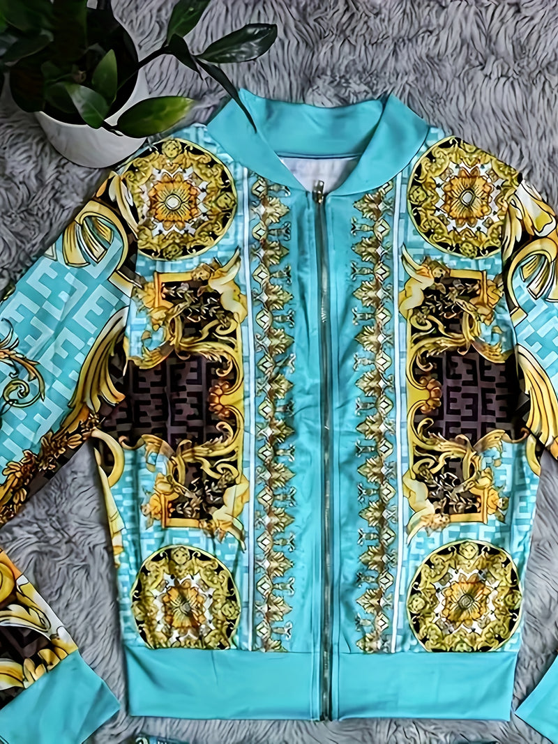 Women’s Floral Print Elegant Shorts Set, Long Sleeve V-neck Zip Up Jacket.