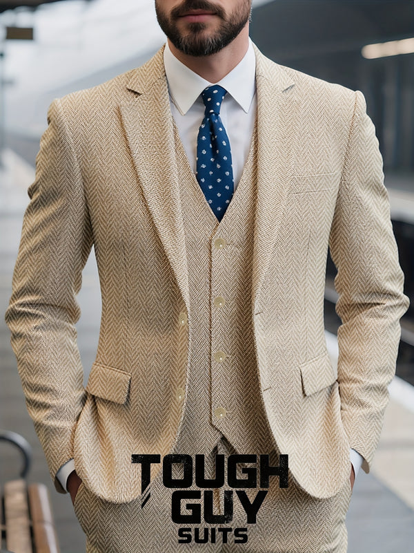 Men's 3pcs Suit Set, Solid Color, Regular Fit, Long Sleeve, Notched Collar.