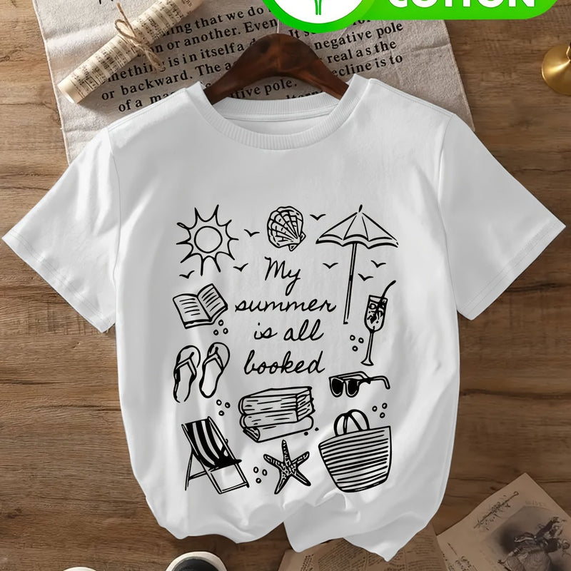 Women's Casual T-Shirt - Beach & Book Lovers Graphic Print.