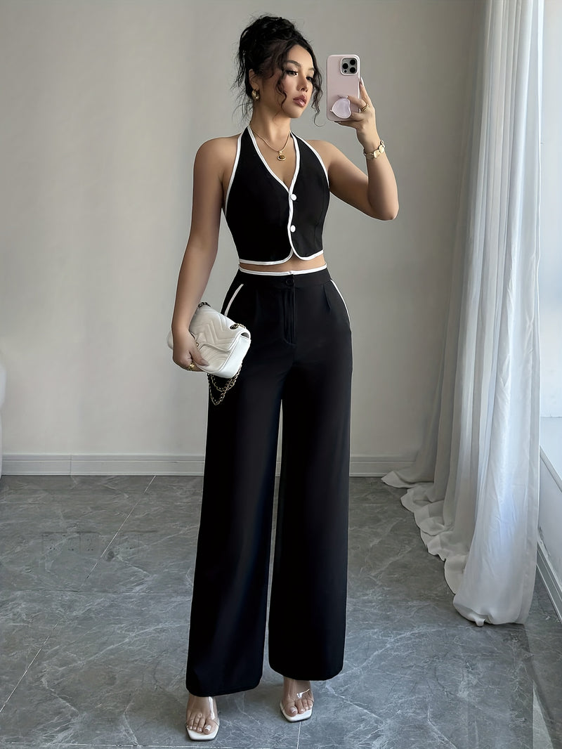 2pcs Women's Commuter Solid Color Short Sleeve Sleeveless Top and Pants.