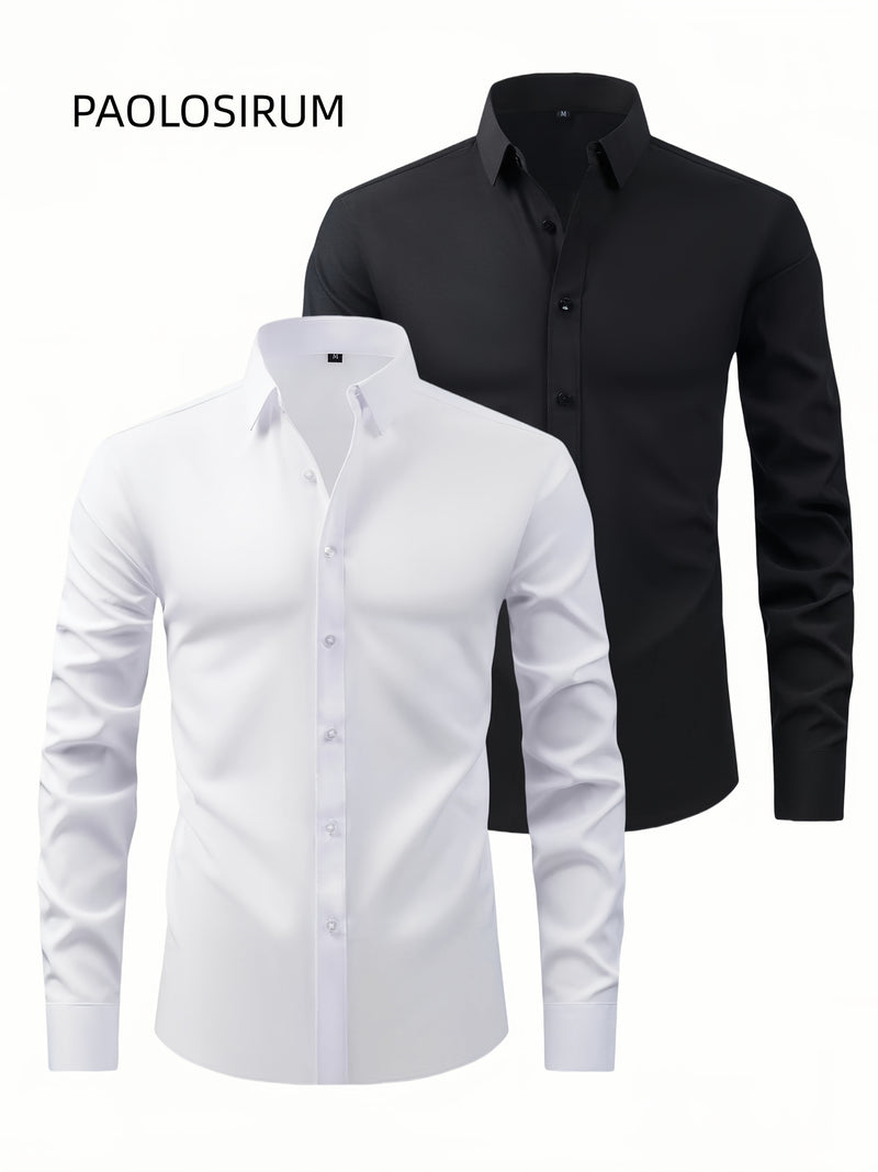 Two-Piece Set of Men's Solid Color Elastic Shirts.