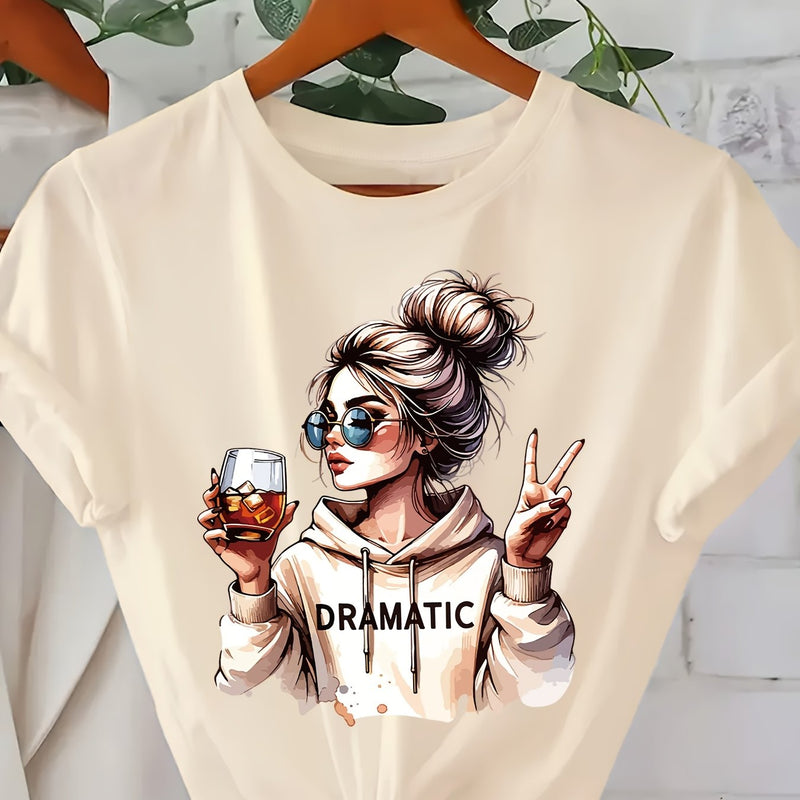 Women's Fashion Print Round-Neck Short-Sleeve T-Shirt.