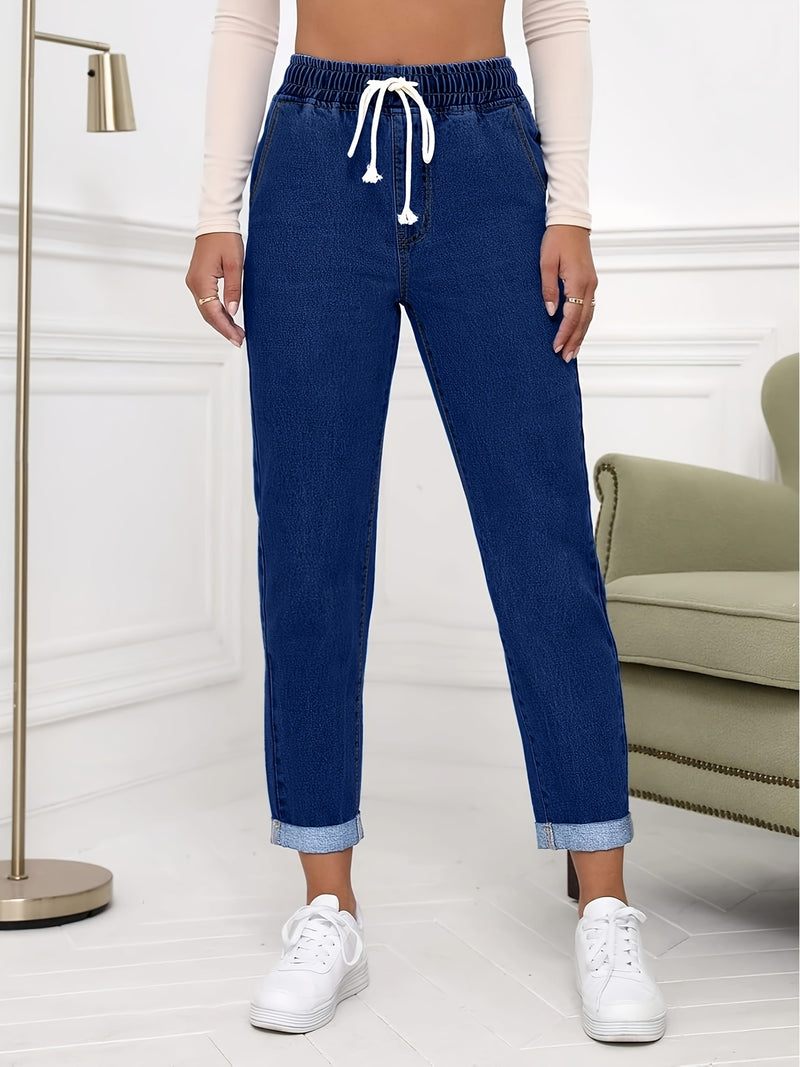 Women's Ankle-Length Pants with Rolled Cuffs, Stretchy Elastic Denim Jeans.