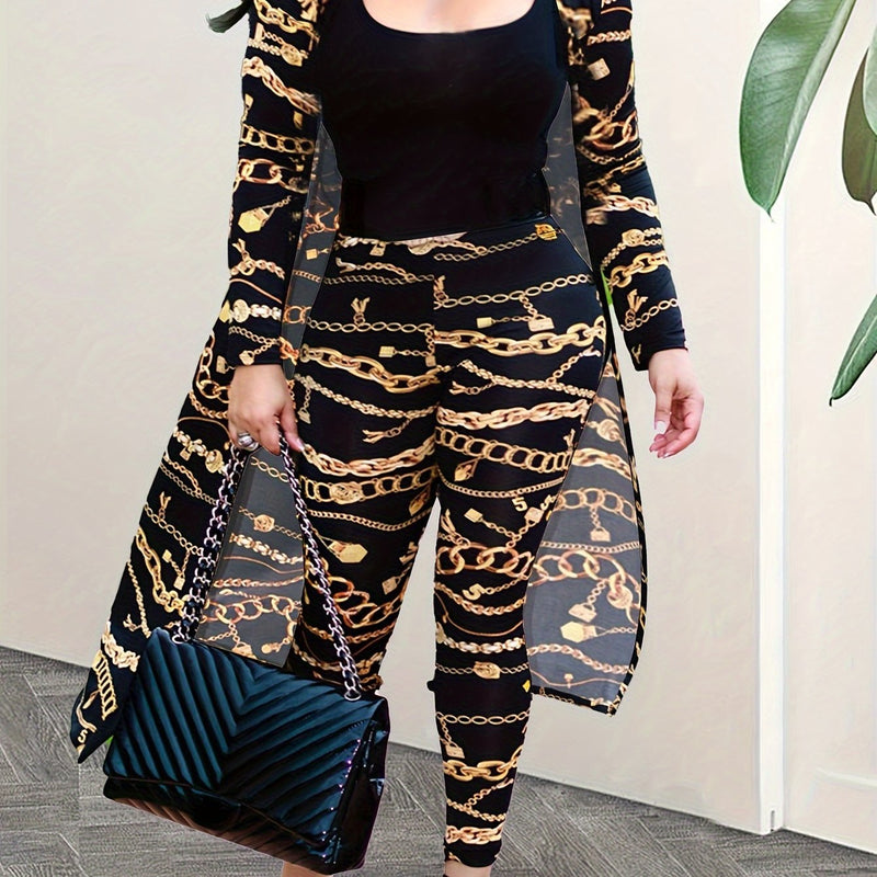 Women’s Long-Sleeve Printed Jacket Cape Leggings Two-Piece Set.