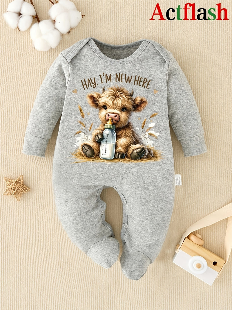 Hay I'M New Here Cartoon Pattern Print New Baby Footed Romper Four Seasons.