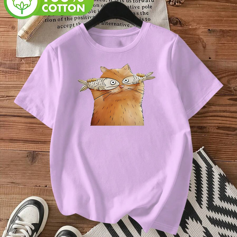 Women's Short-Sleeve T-Shirt with Cute Kitten & Cat Paw Print.