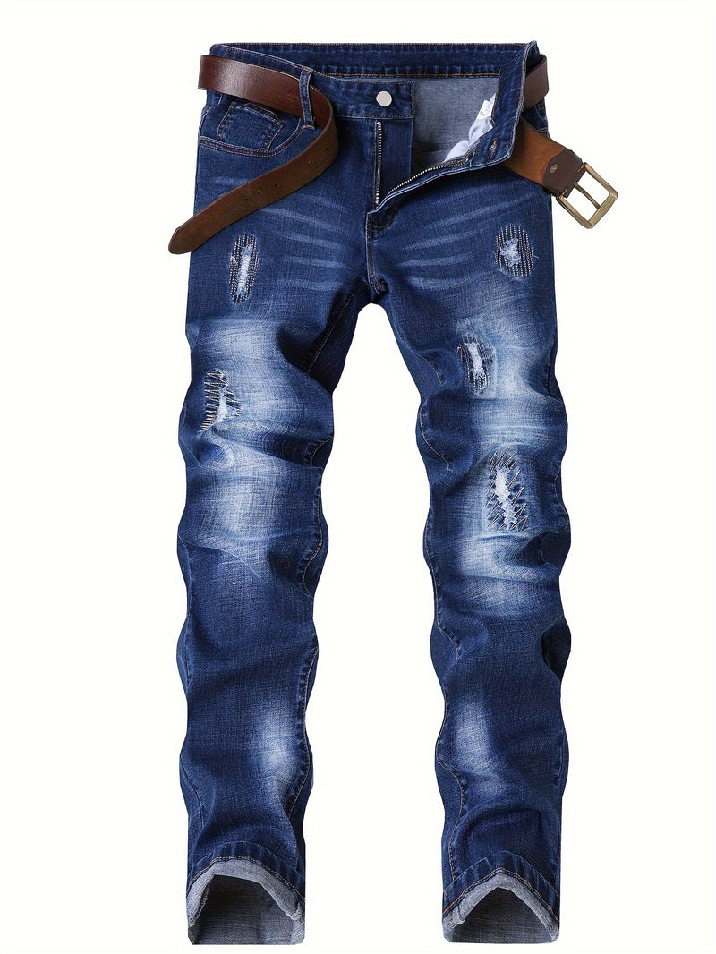 Men's Slim-Fit Stretch Denim Jeans in Dark Blue, Suitable for All Seasons.