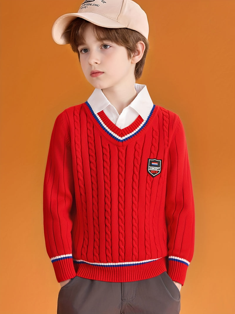 Boys' Red & Striped V-Neck Sweater.