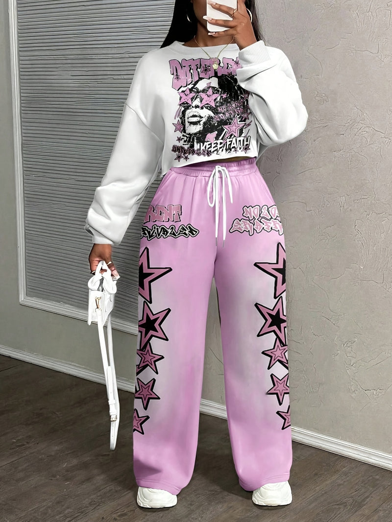 Fashion Women's Long-sleeve Sweatshirt and Pants Set with Star Print.