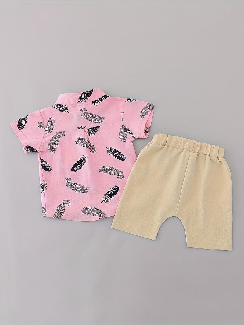 Youngsters Summer Feather Print Short Sleeve Shirt & Shorts Set.