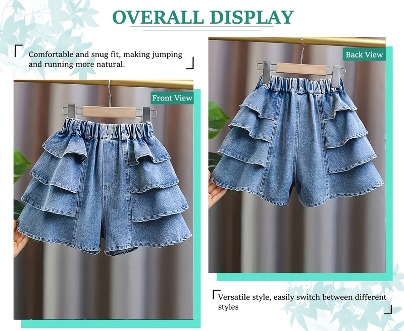 Girls' Summer Fashion Versatile Ruffle-trim Denim Shorts, Comfortable Lightweight.