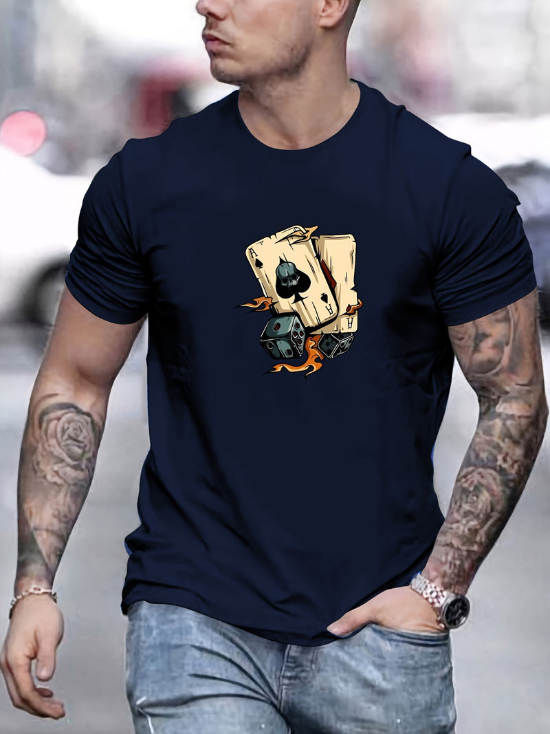 Men's Poker Card Pattern Summer Casual Crew Neck Short T-Shirt.
