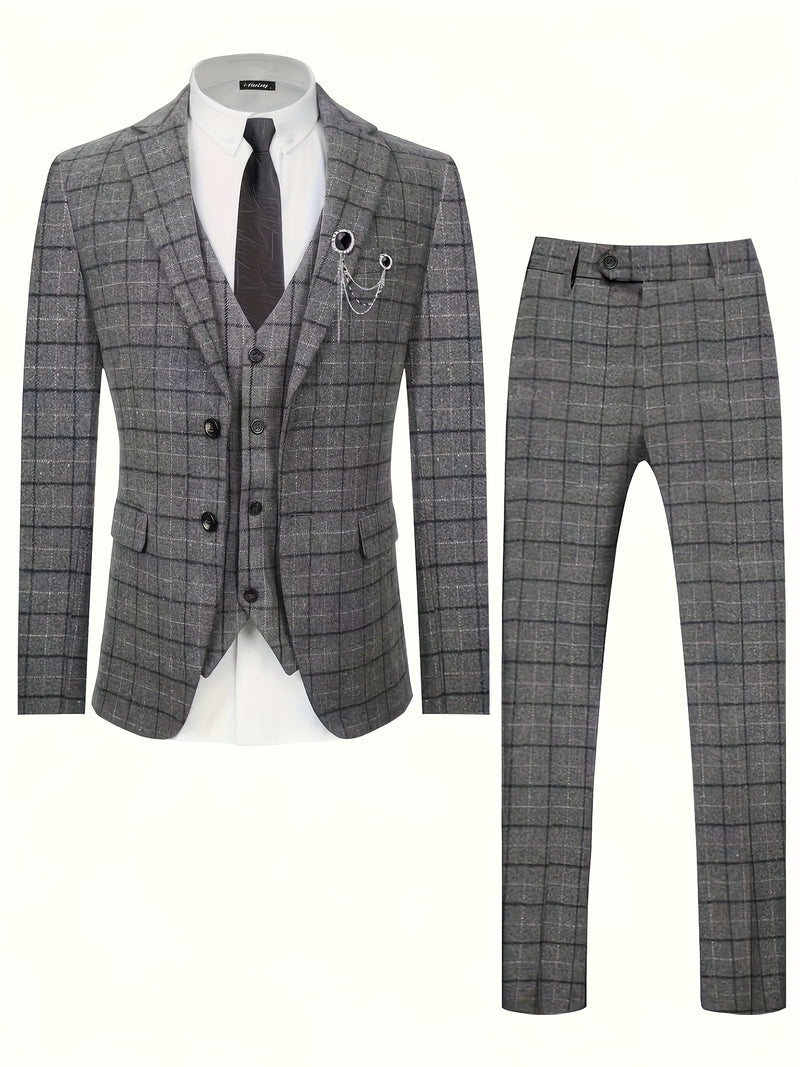 Men's High-Quality Vintage Plaid Three-Piece Suit.