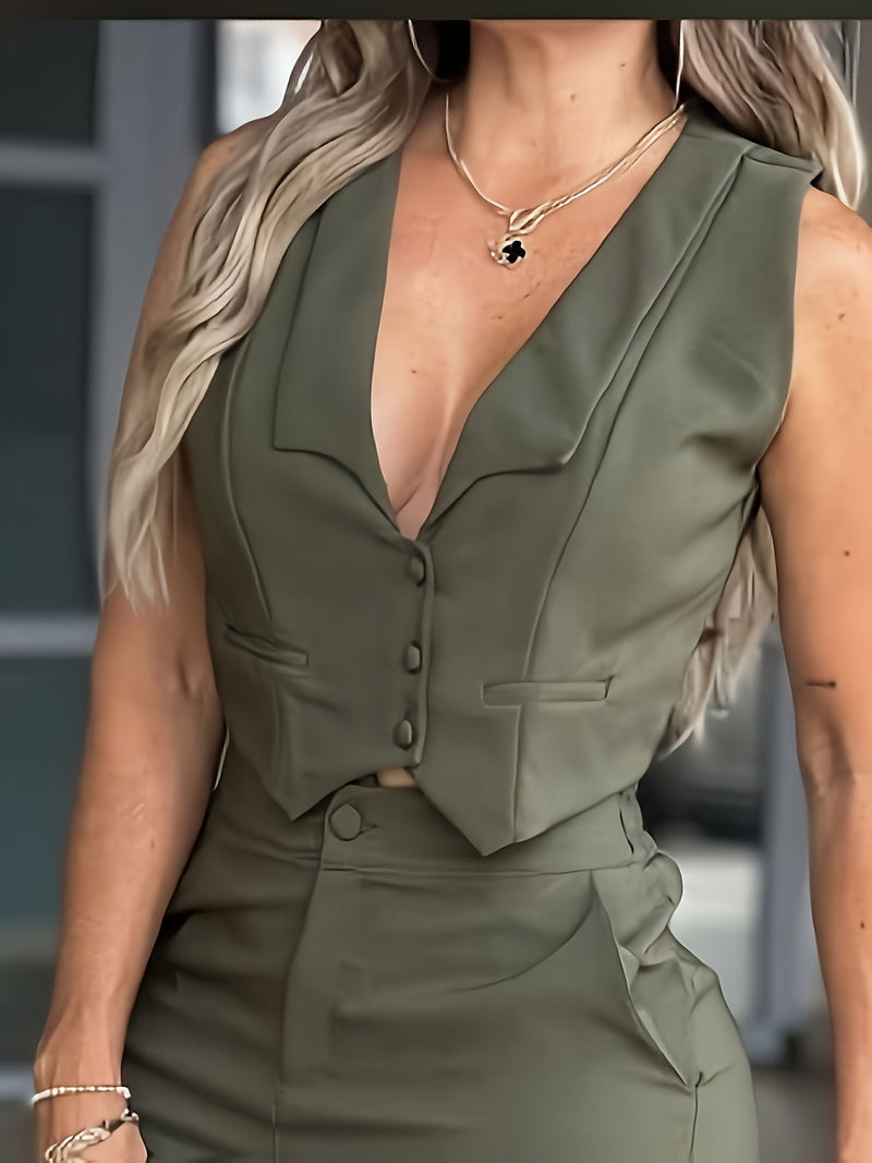 Women's Sleeveless Waist-Cinching Vest Set with Wide-Leg Pants.