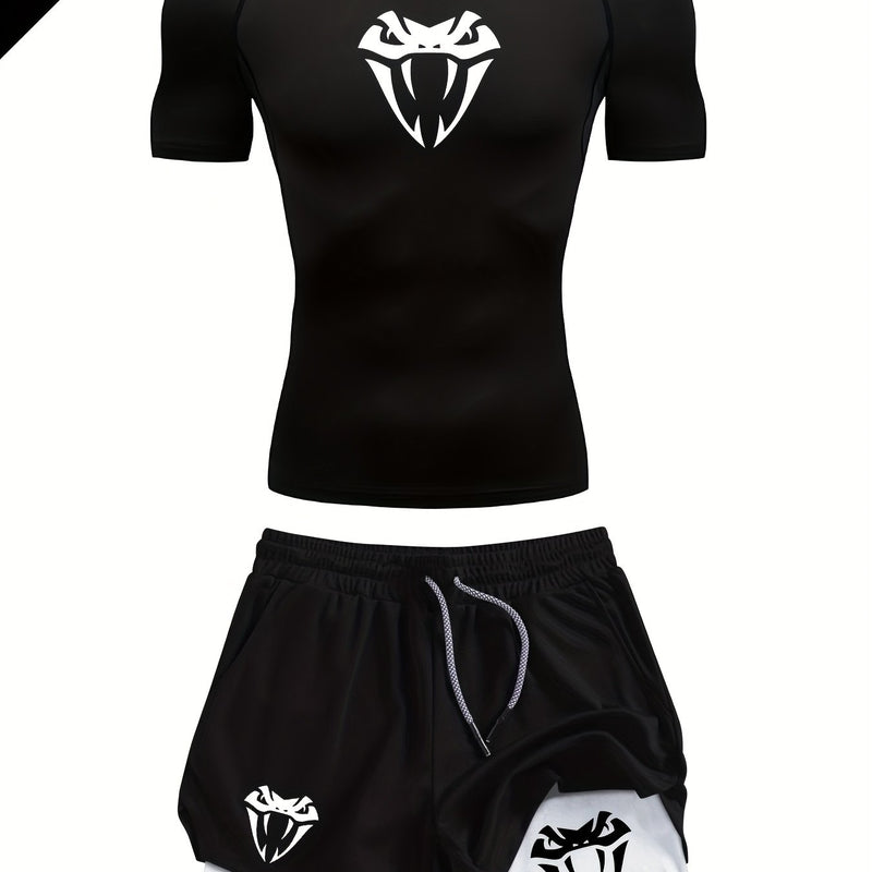 Men's Snake Head Print Two-Piece Set: Short Sleeve Top+Shorts.