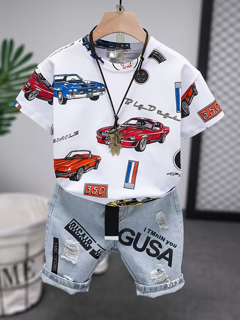 Boys' Outdoor Casual Fashion Summer Short Sleeve T-Shirt and Shorts Set with Car Print.