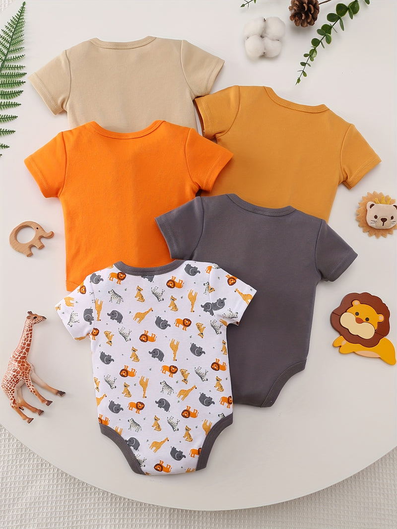 5pcs Set for Baby Boys Featuring a Cartoon Orange Lion Print.
